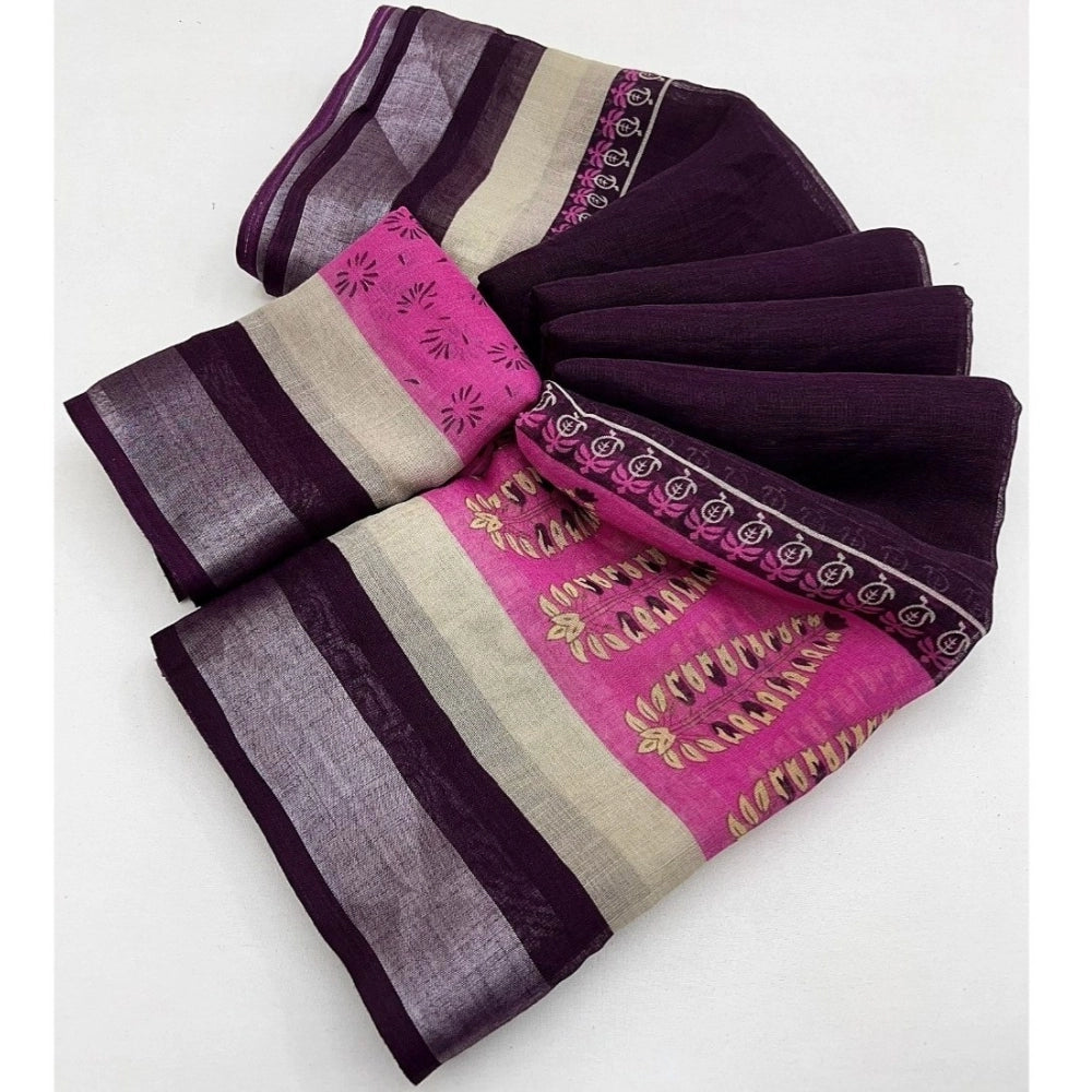 Cotton Linen Printed Saree With Unstitched Blouse 5.5Mtr (Wine)