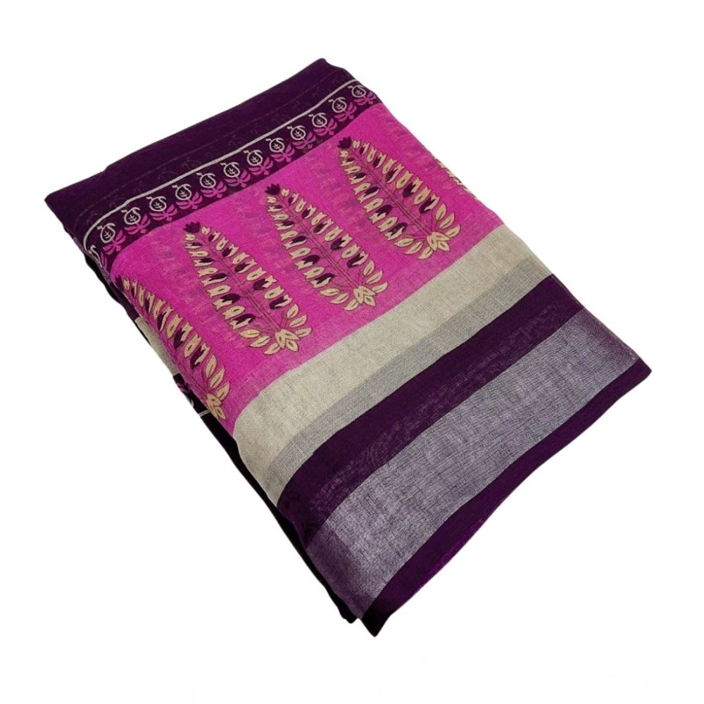 Cotton Linen Printed Saree With Unstitched Blouse 5.5Mtr (Wine)