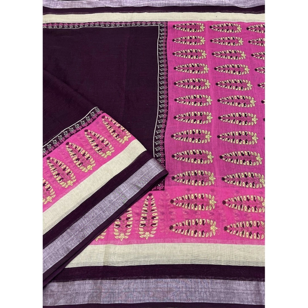 Cotton Linen Printed Saree With Unstitched Blouse 5.5Mtr (Wine)