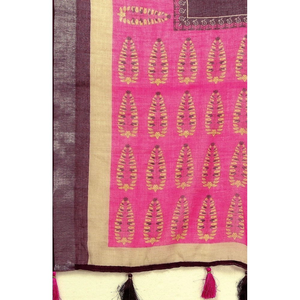 Cotton Linen Printed Saree With Unstitched Blouse 5.5Mtr (Wine)
