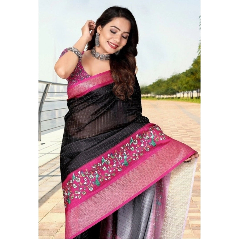 Printed Saree With Unstitched Blouse 5.5Mtr (Black-Pink)