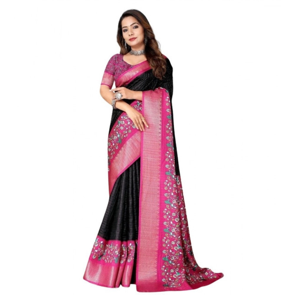 Printed Saree With Unstitched Blouse 5.5Mtr (Black-Pink)