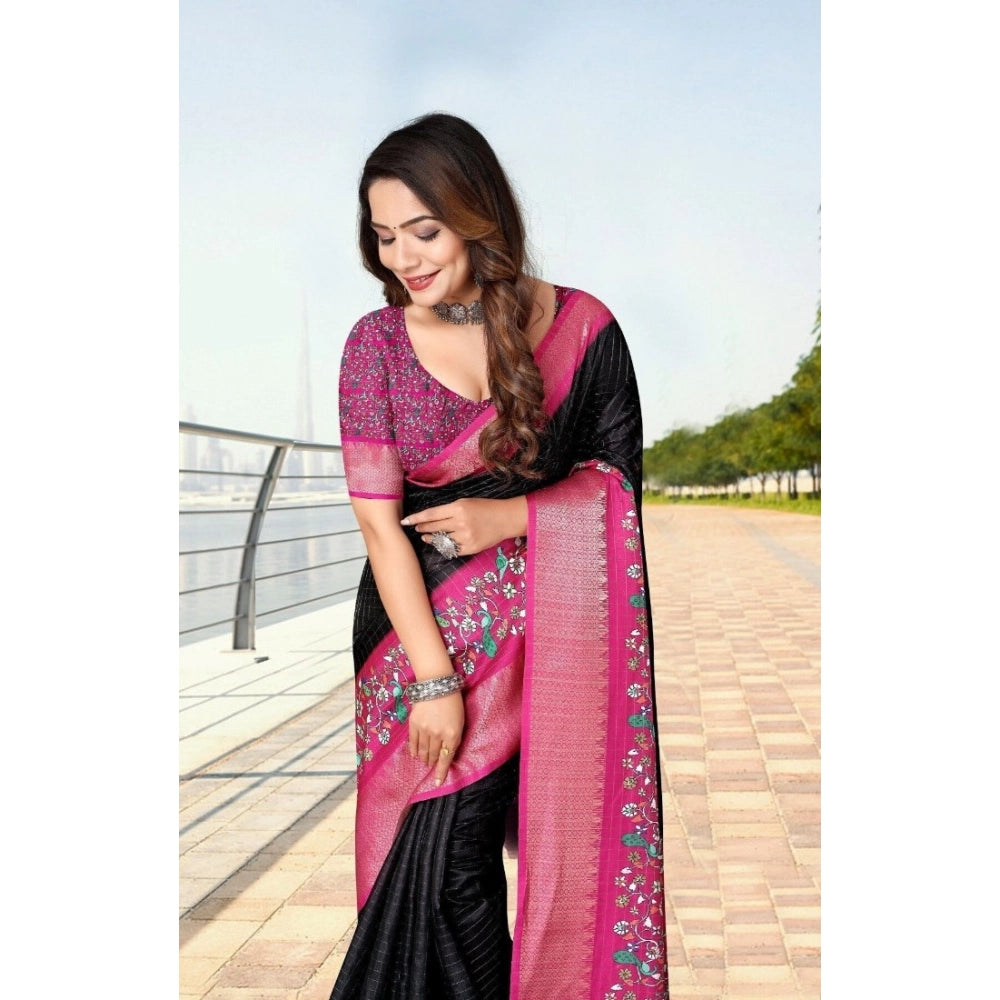 Printed Saree With Unstitched Blouse 5.5Mtr (Black-Pink)