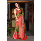 Printed Saree With Unstitched Blouse 5.5Mtr (Green-Red)