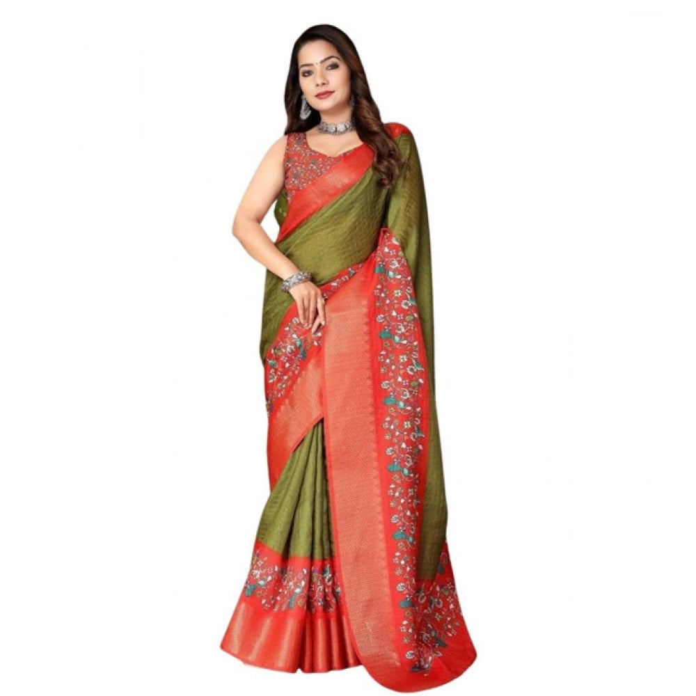 Printed Saree With Unstitched Blouse 5.5Mtr (Green-Red)