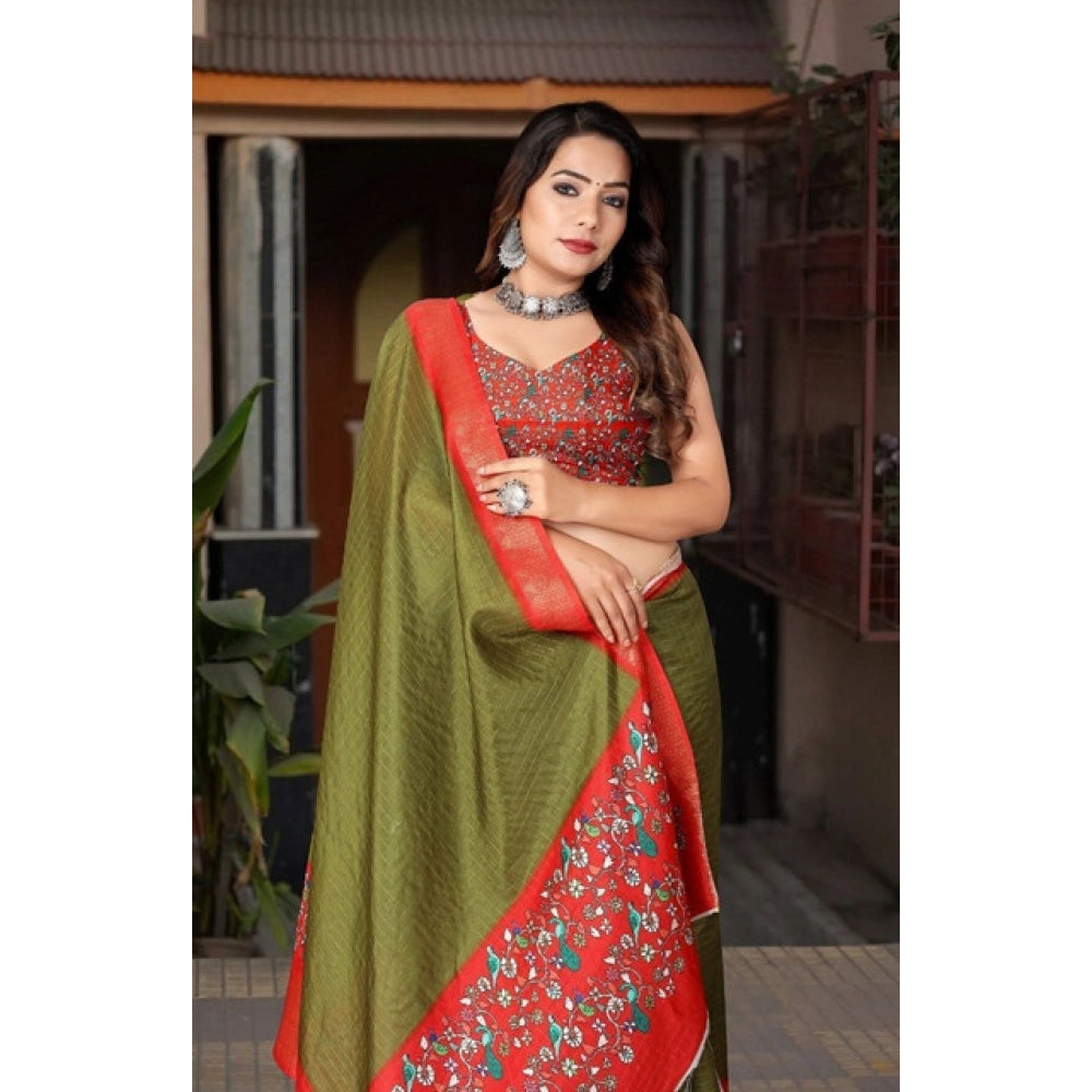 Printed Saree With Unstitched Blouse 5.5Mtr (Green-Red)