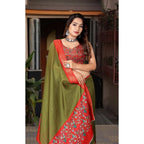 Printed Saree With Unstitched Blouse 5.5Mtr (Green-Red)