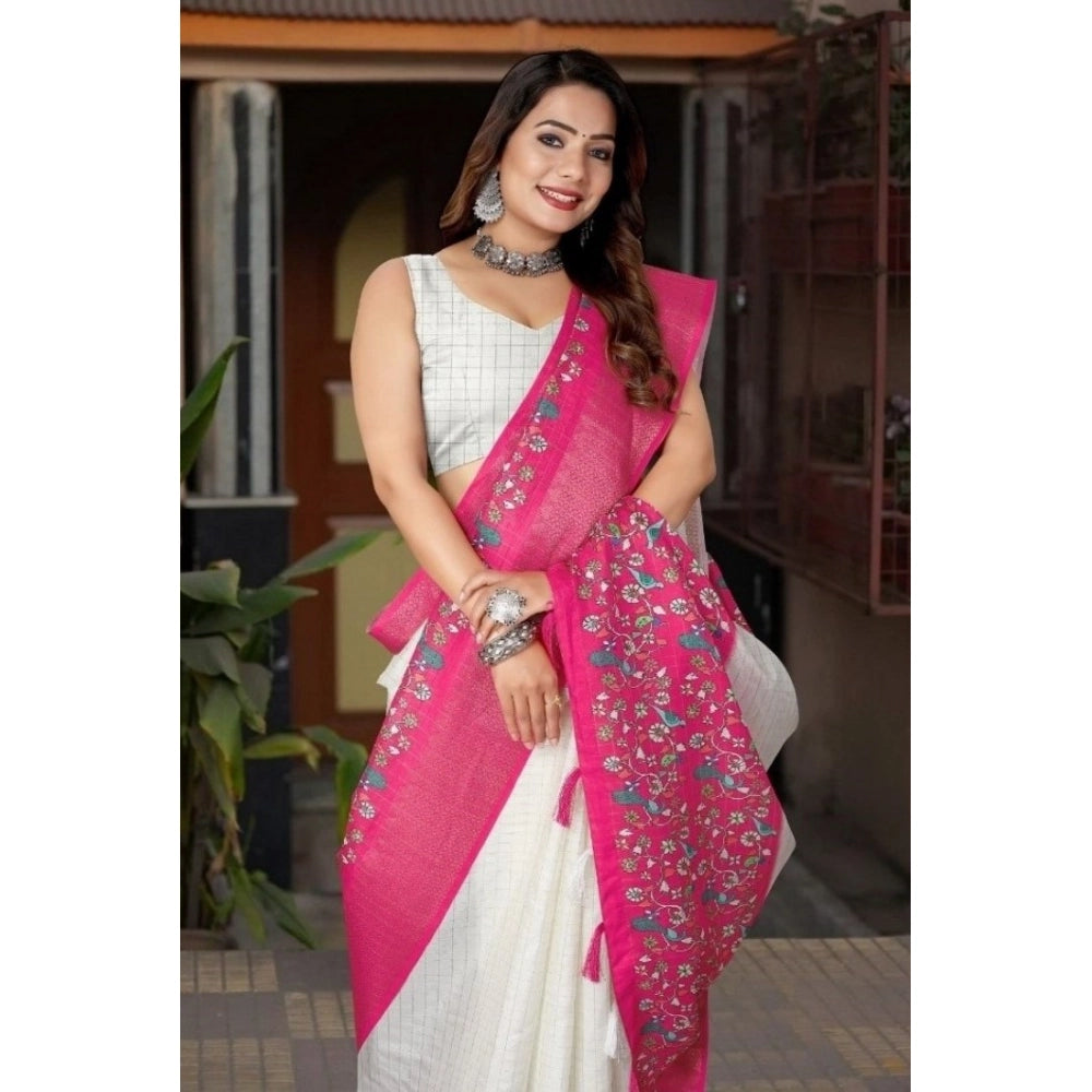 Printed Saree With Unstitched Blouse 5.5Mtr (White-Pink)