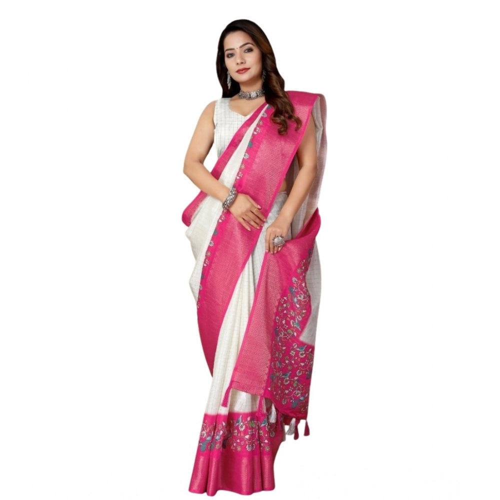 Printed Saree With Unstitched Blouse 5.5Mtr (White-Pink)