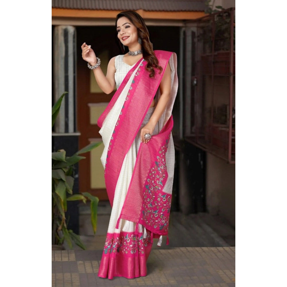 Printed Saree With Unstitched Blouse 5.5Mtr (White-Pink)