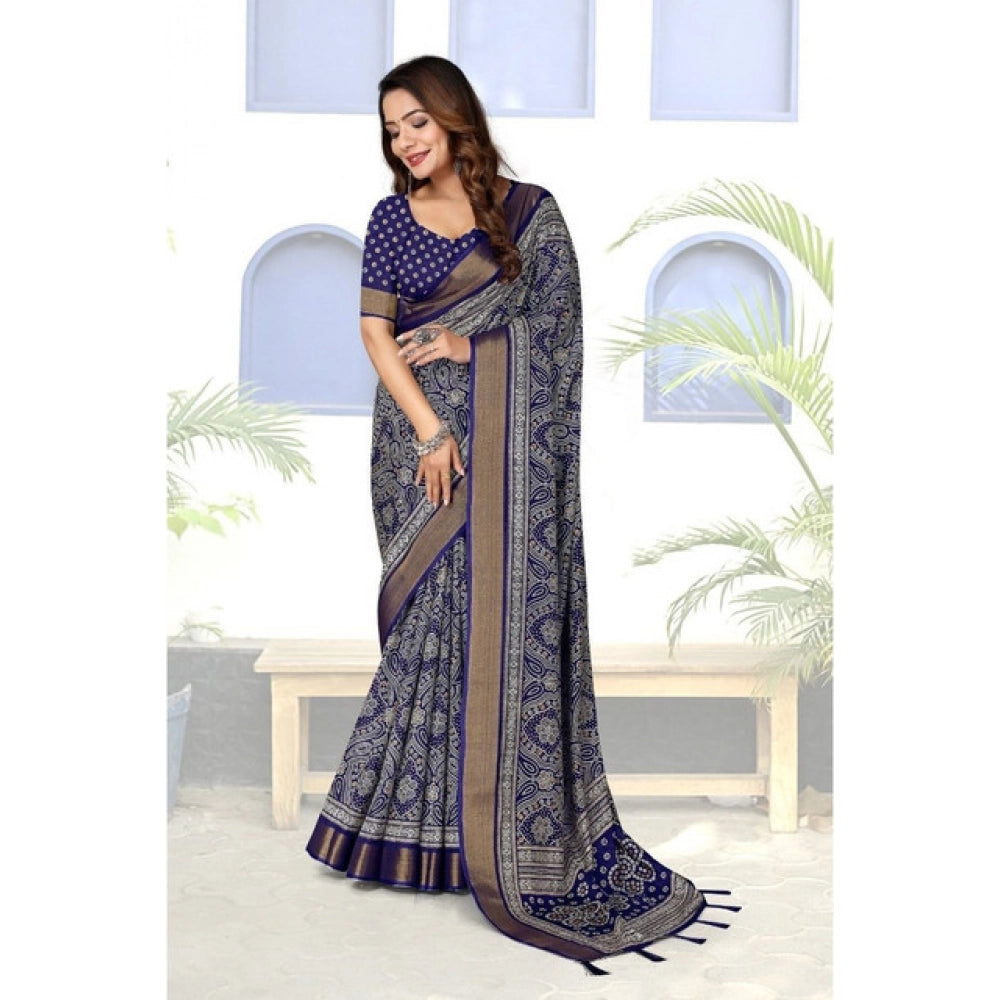 Printed Saree With Unstitched Blouse 5.5Mtr (Blue)