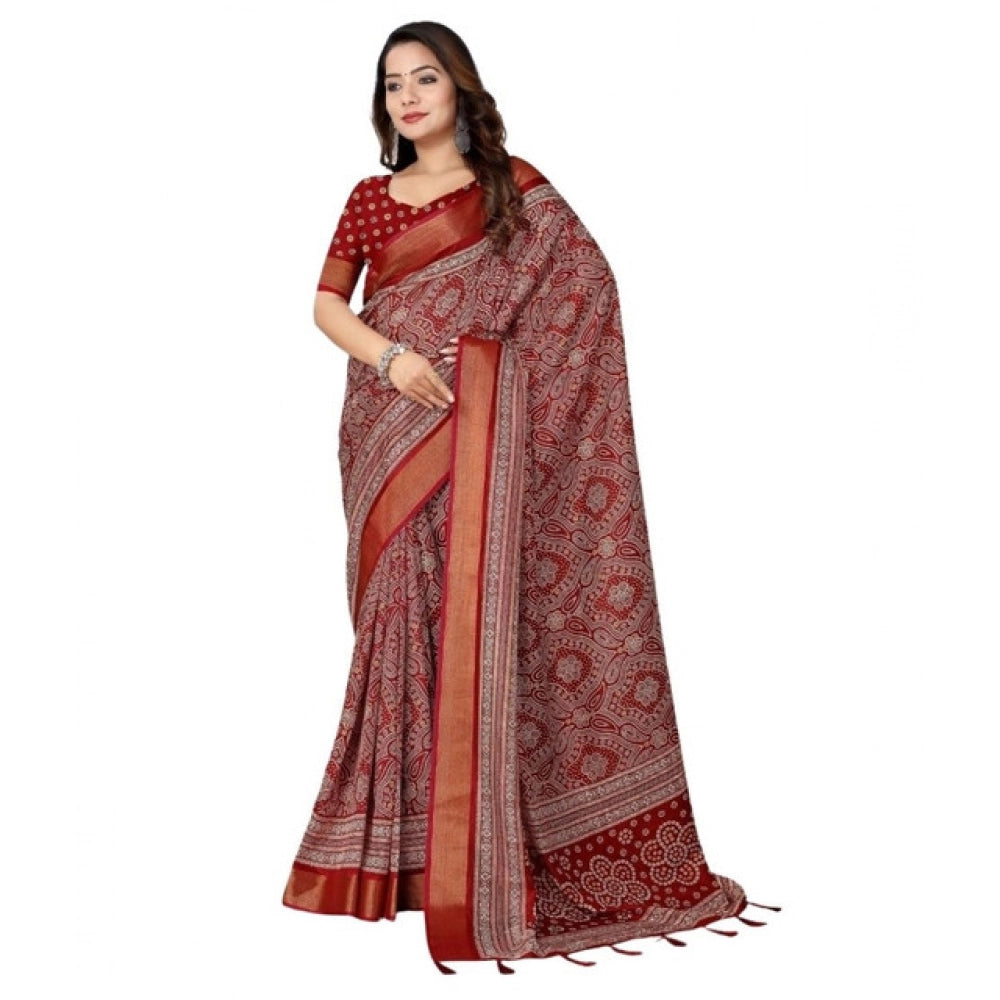 Printed Saree With Unstitched Blouse 5.5Mtr (Maroon)