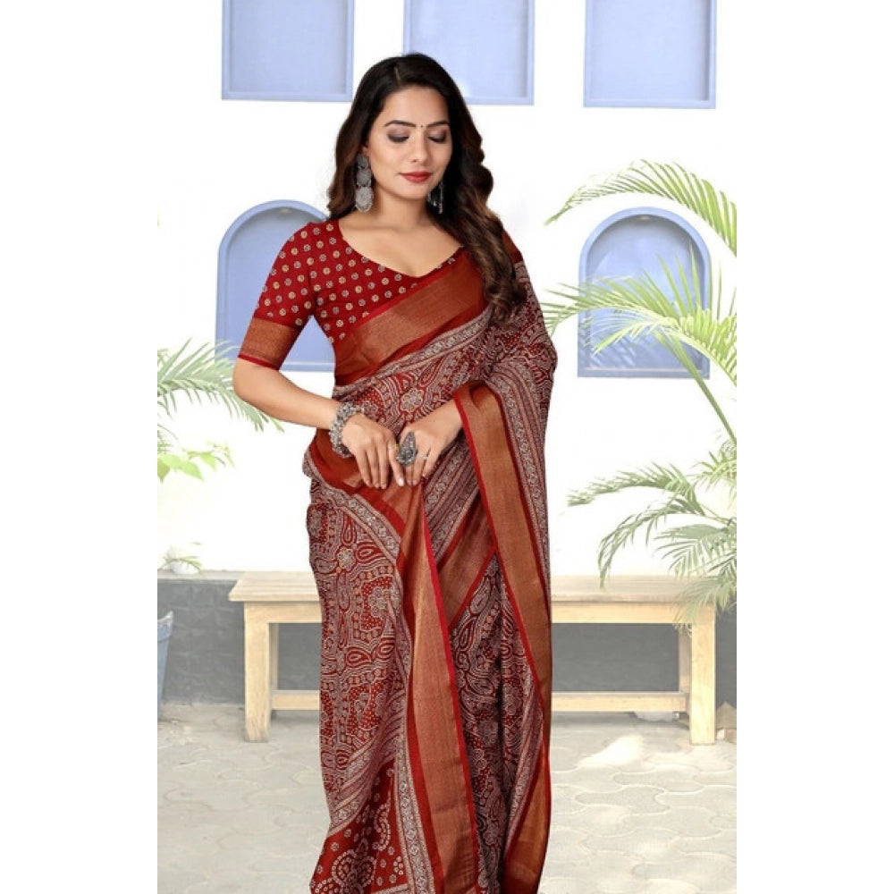 Printed Saree With Unstitched Blouse 5.5Mtr (Maroon)