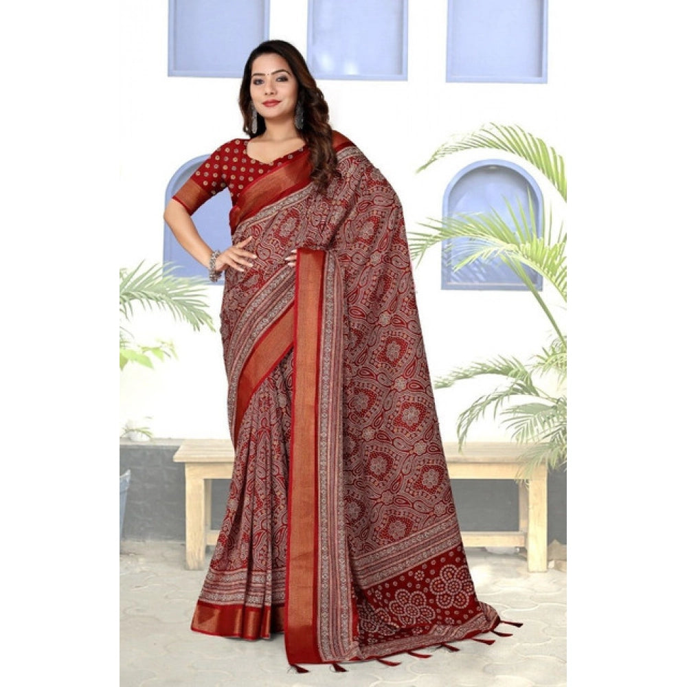 Printed Saree With Unstitched Blouse 5.5Mtr (Maroon)