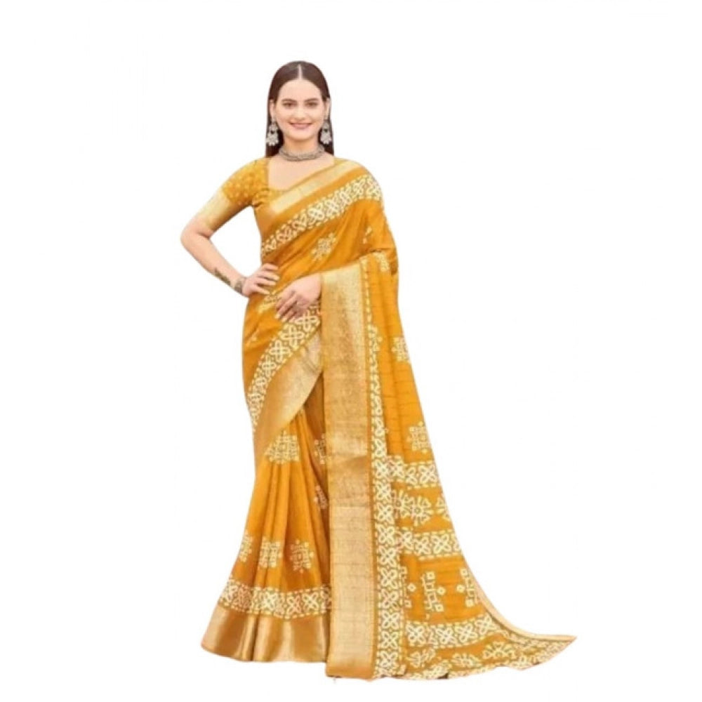 Printed Saree With Unstitched Blouse 5.5Mtr (Yellow)