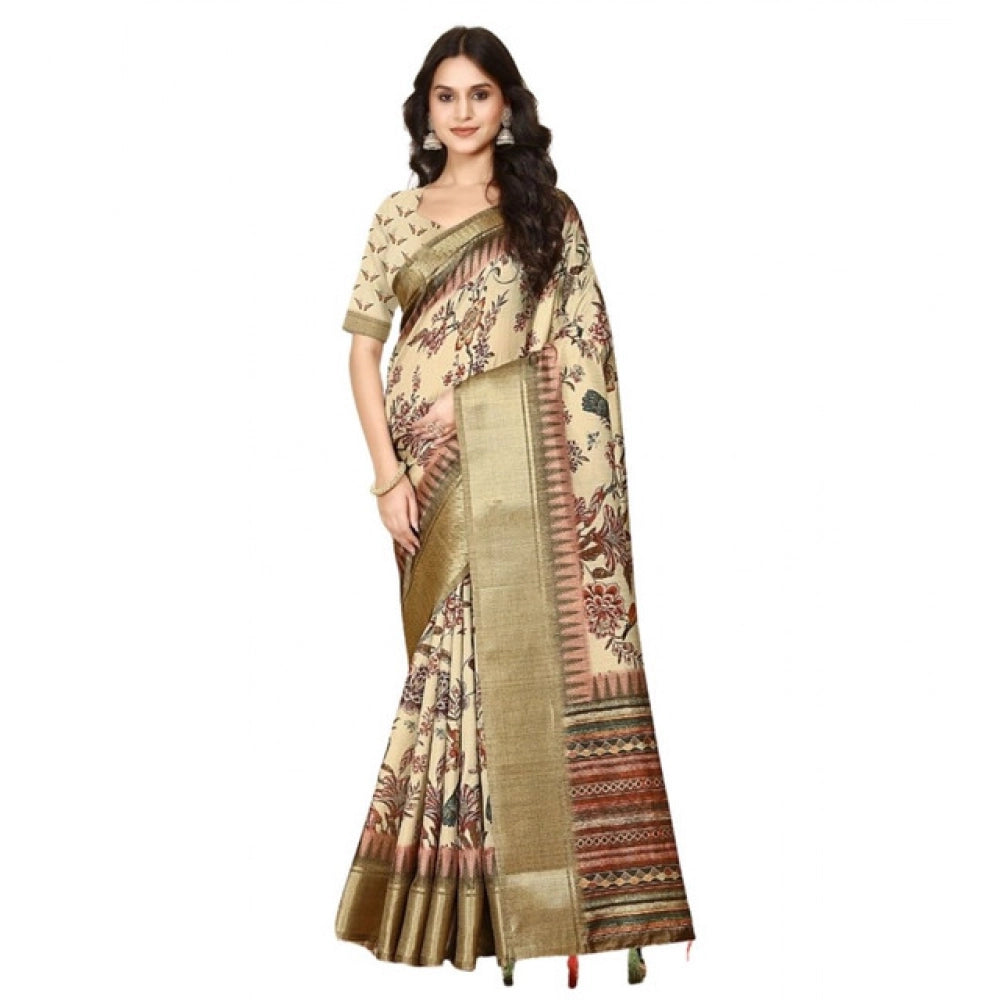 Printed Saree With Unstitched Blouse 5.5Mtr (Cream)
