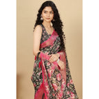 Floral Printed Saree With Unstitched Blouse 5.5Mtr (Black)