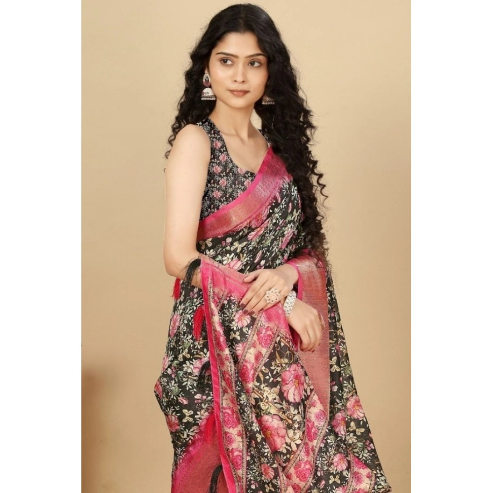 Floral Printed Saree With Unstitched Blouse 5.5Mtr (Black)