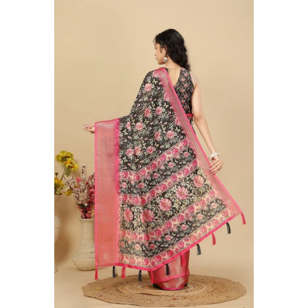 Floral Printed Saree With Unstitched Blouse 5.5Mtr (Black)