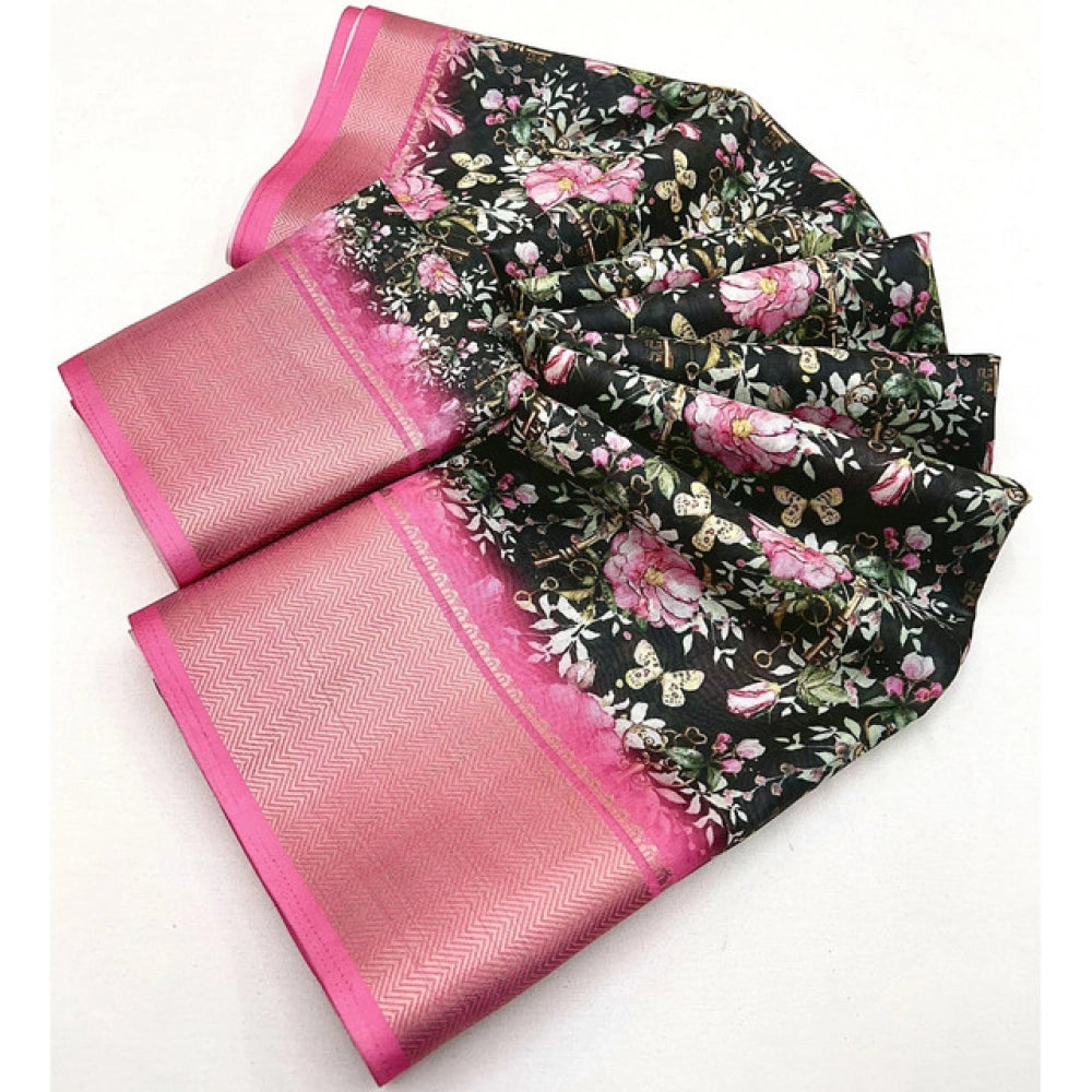 Floral Printed Saree With Unstitched Blouse 5.5Mtr (Black)