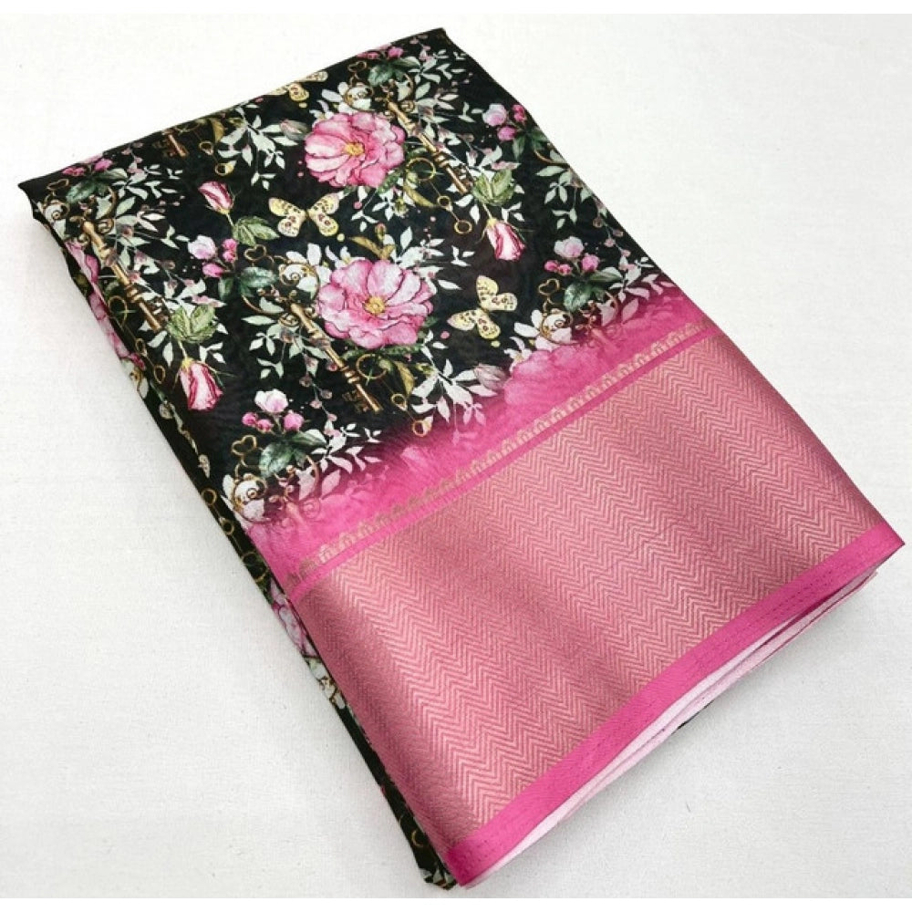 Floral Printed Saree With Unstitched Blouse 5.5Mtr (Black)