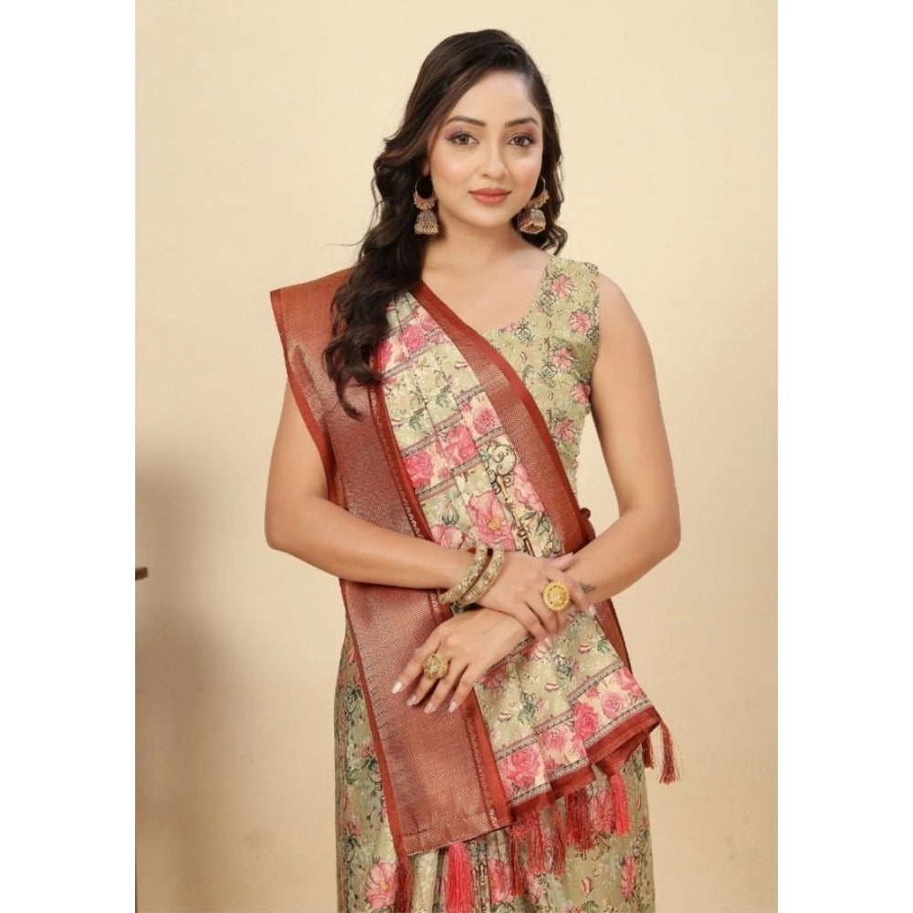 Floral Printed Saree With Unstitched Blouse 5.5Mtr (Gold)