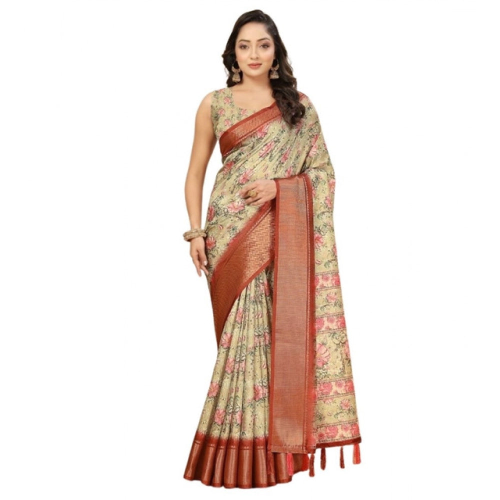 Floral Printed Saree With Unstitched Blouse 5.5Mtr (Gold)