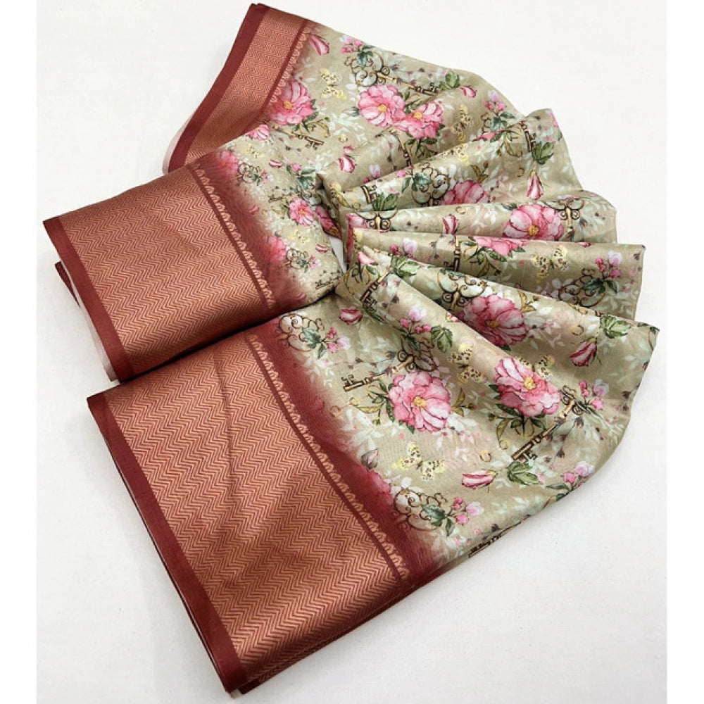 Floral Printed Saree With Unstitched Blouse 5.5Mtr (Gold)
