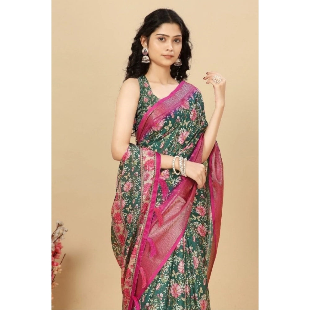 Floral Printed Saree With Unstitched Blouse 5.5Mtr (Green)