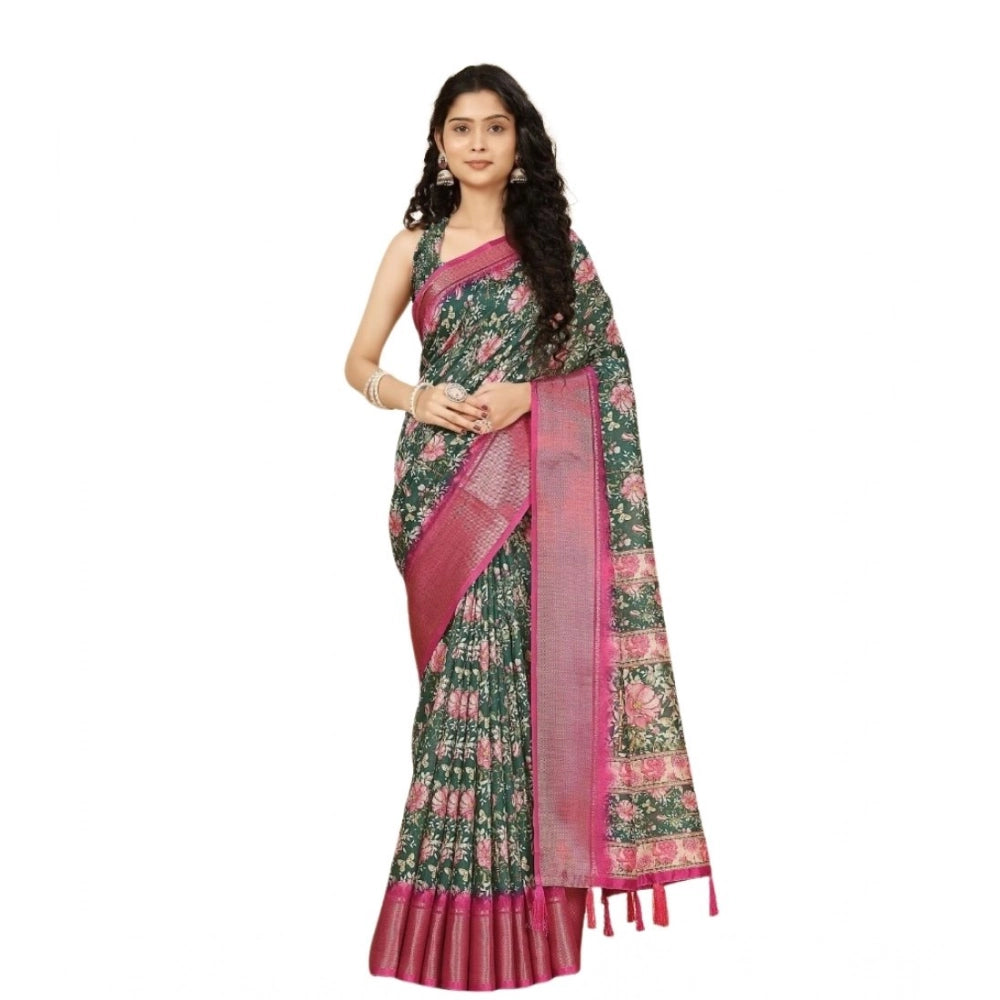 Floral Printed Saree With Unstitched Blouse 5.5Mtr (Green)