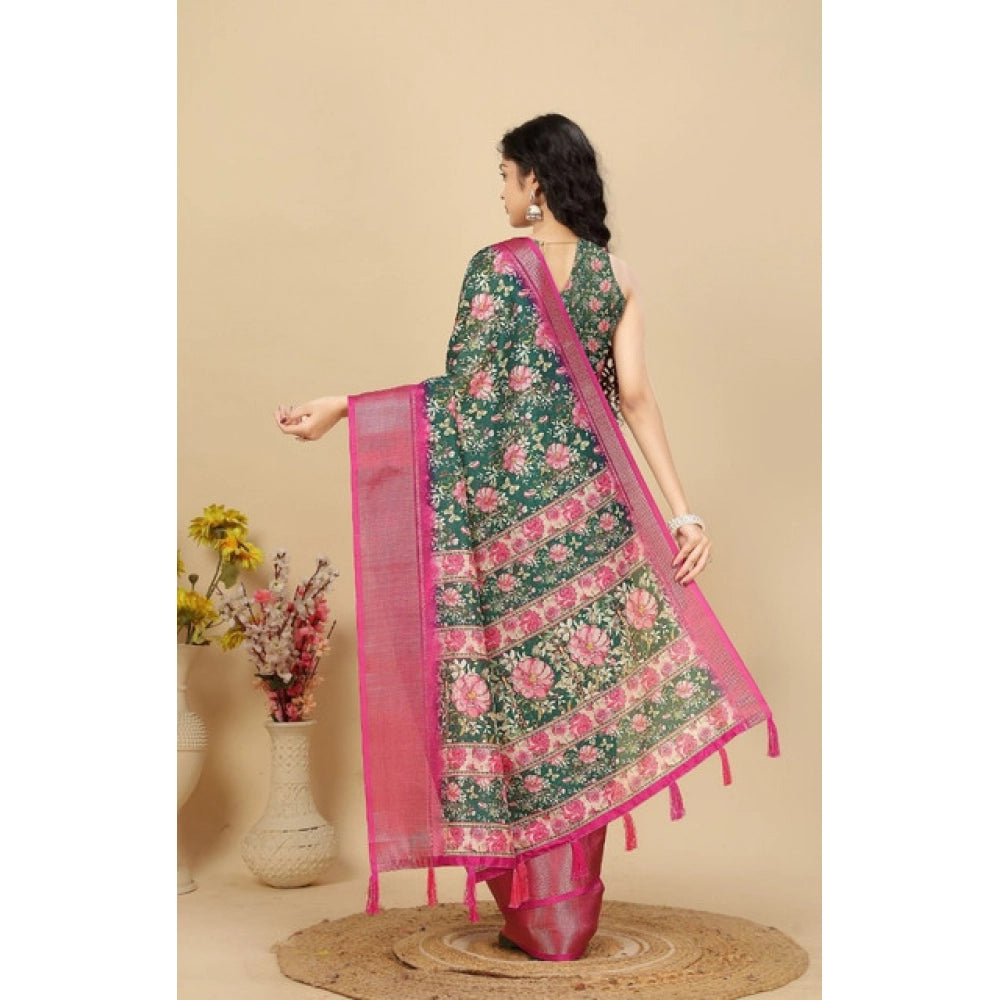 Floral Printed Saree With Unstitched Blouse 5.5Mtr (Green)
