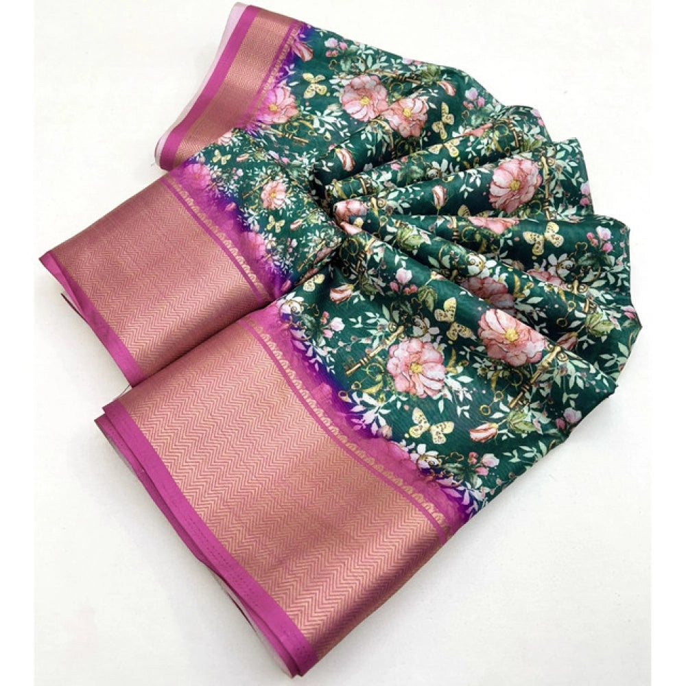 Floral Printed Saree With Unstitched Blouse 5.5Mtr (Green)