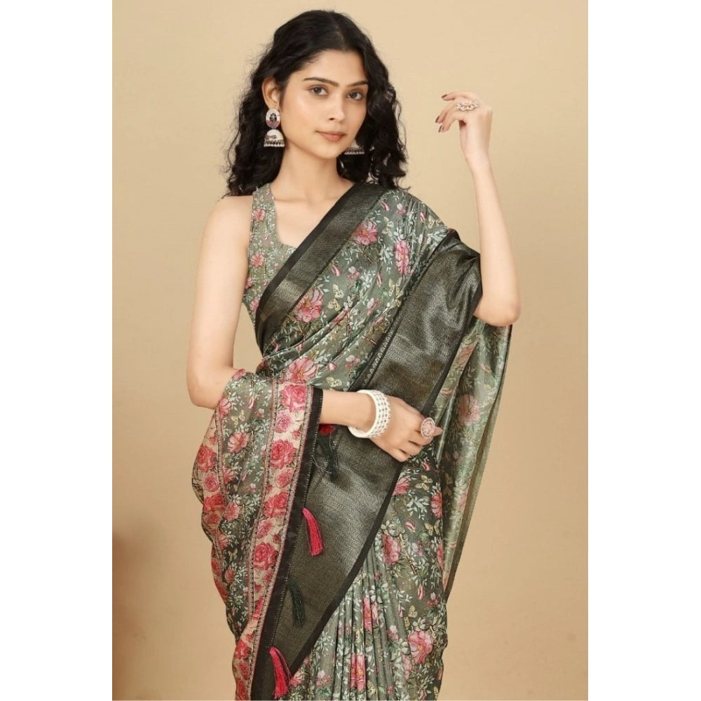 Floral Printed Saree With Unstitched Blouse 5.5Mtr (Grey)