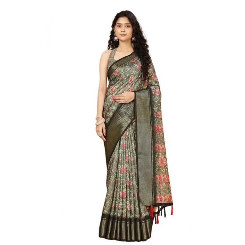 Floral Printed Saree With Unstitched Blouse 5.5Mtr (Grey)