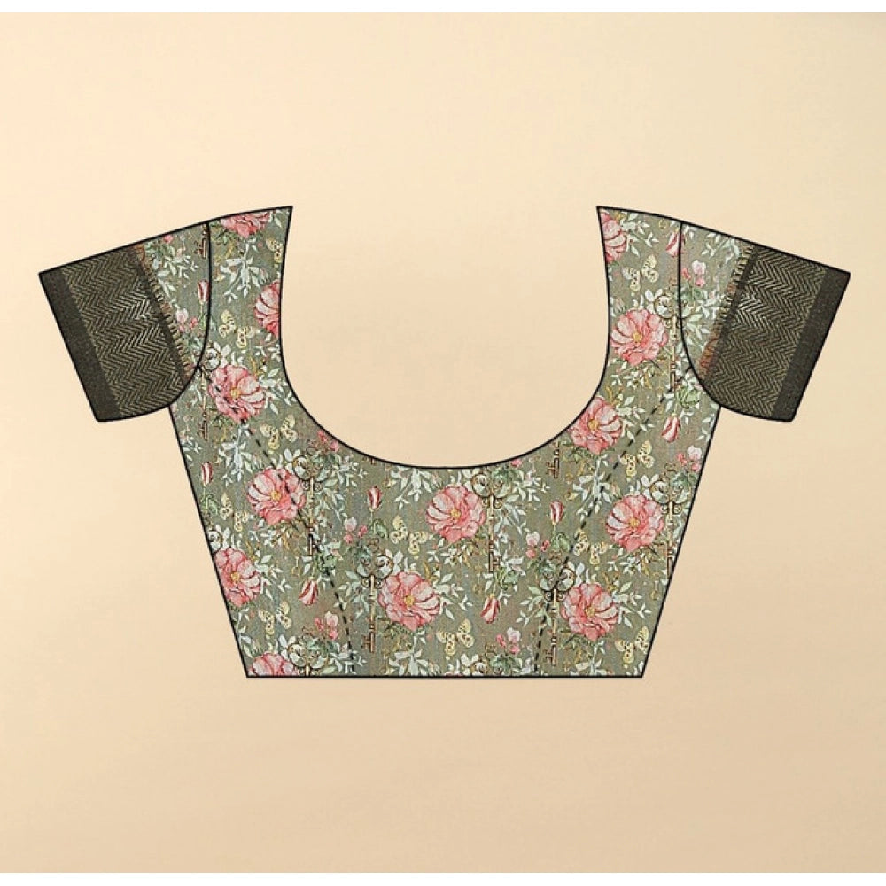 Floral Printed Saree With Unstitched Blouse 5.5Mtr (Grey)