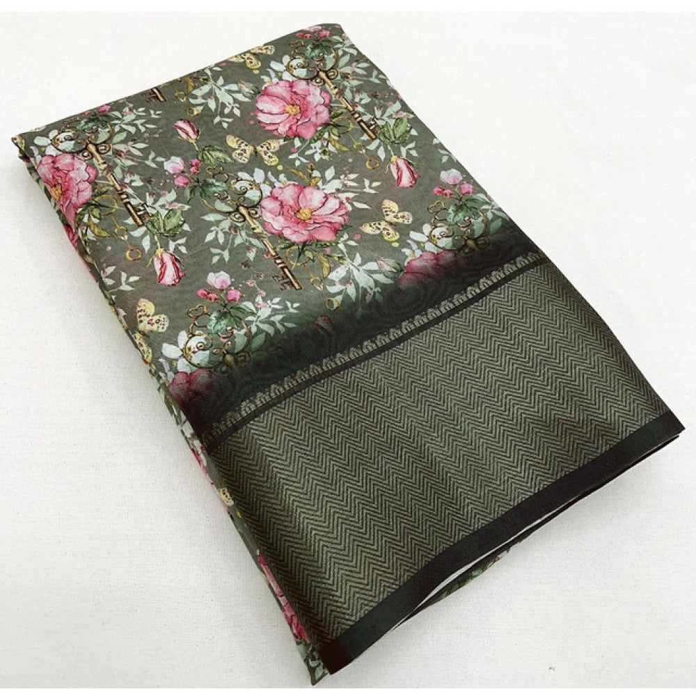 Floral Printed Saree With Unstitched Blouse 5.5Mtr (Grey)