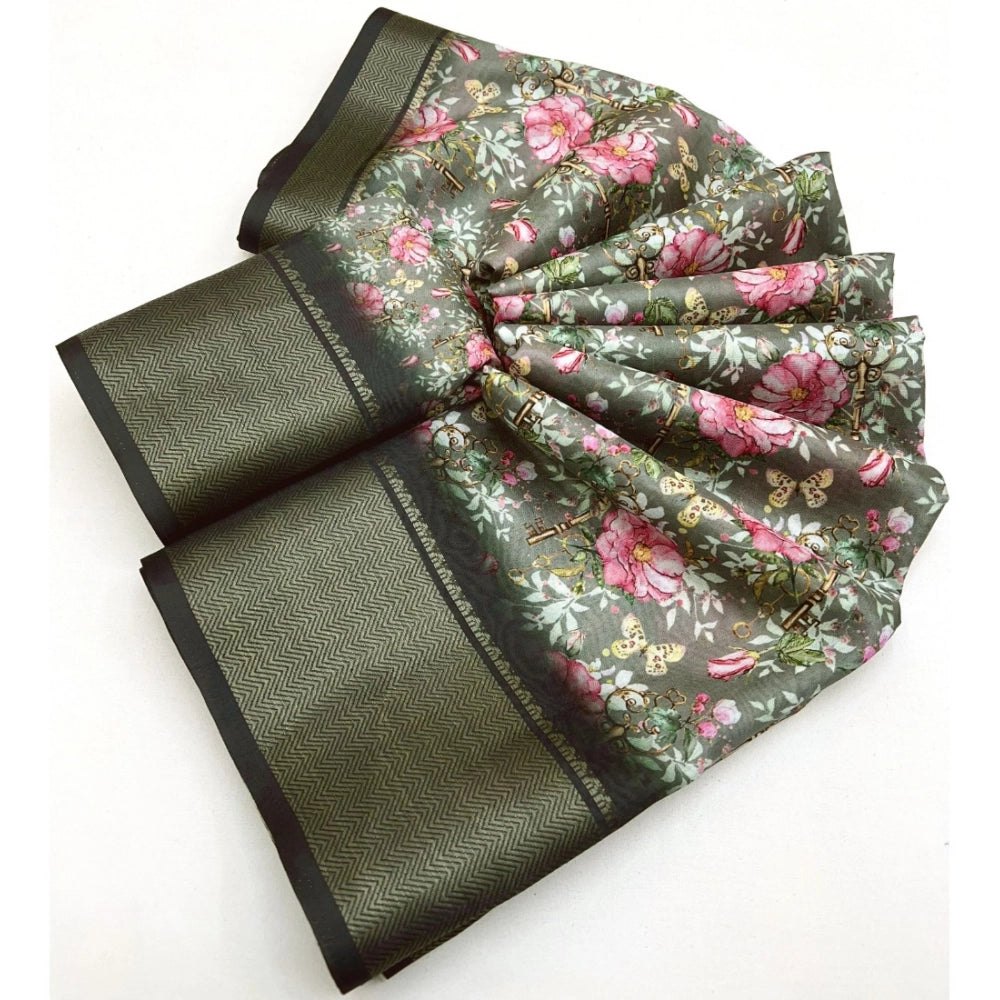 Floral Printed Saree With Unstitched Blouse 5.5Mtr (Grey)