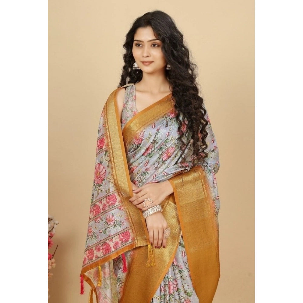 Floral Printed Saree With Unstitched Blouse 5.5Mtr (Lavender)