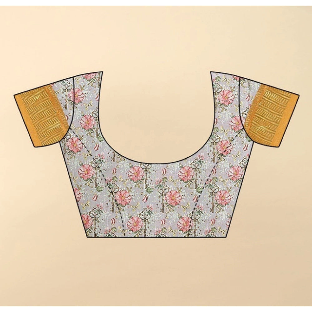 Floral Printed Saree With Unstitched Blouse 5.5Mtr (Lavender)