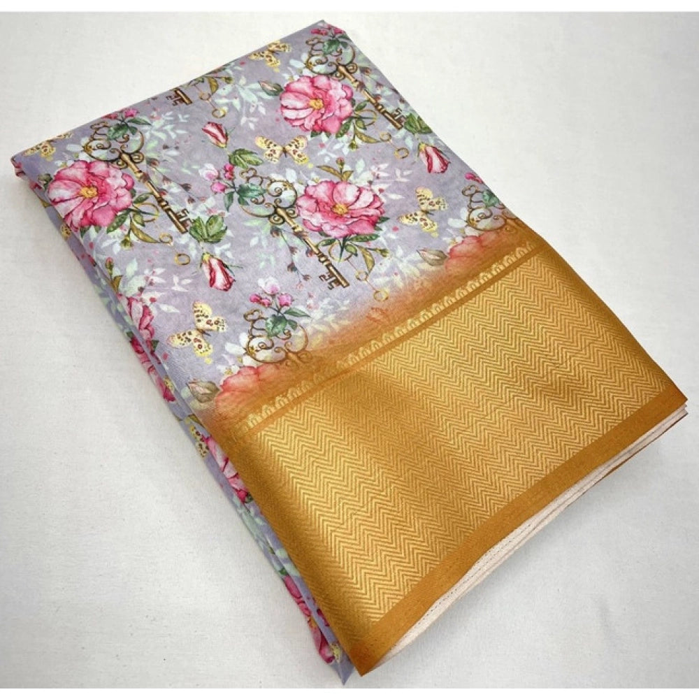 Floral Printed Saree With Unstitched Blouse 5.5Mtr (Lavender)