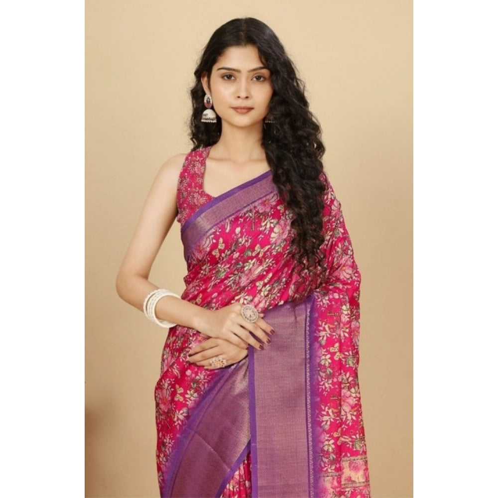 Floral Printed Saree With Unstitched Blouse 5.5Mtr (Pink)