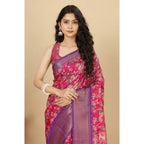 Floral Printed Saree With Unstitched Blouse 5.5Mtr (Pink)