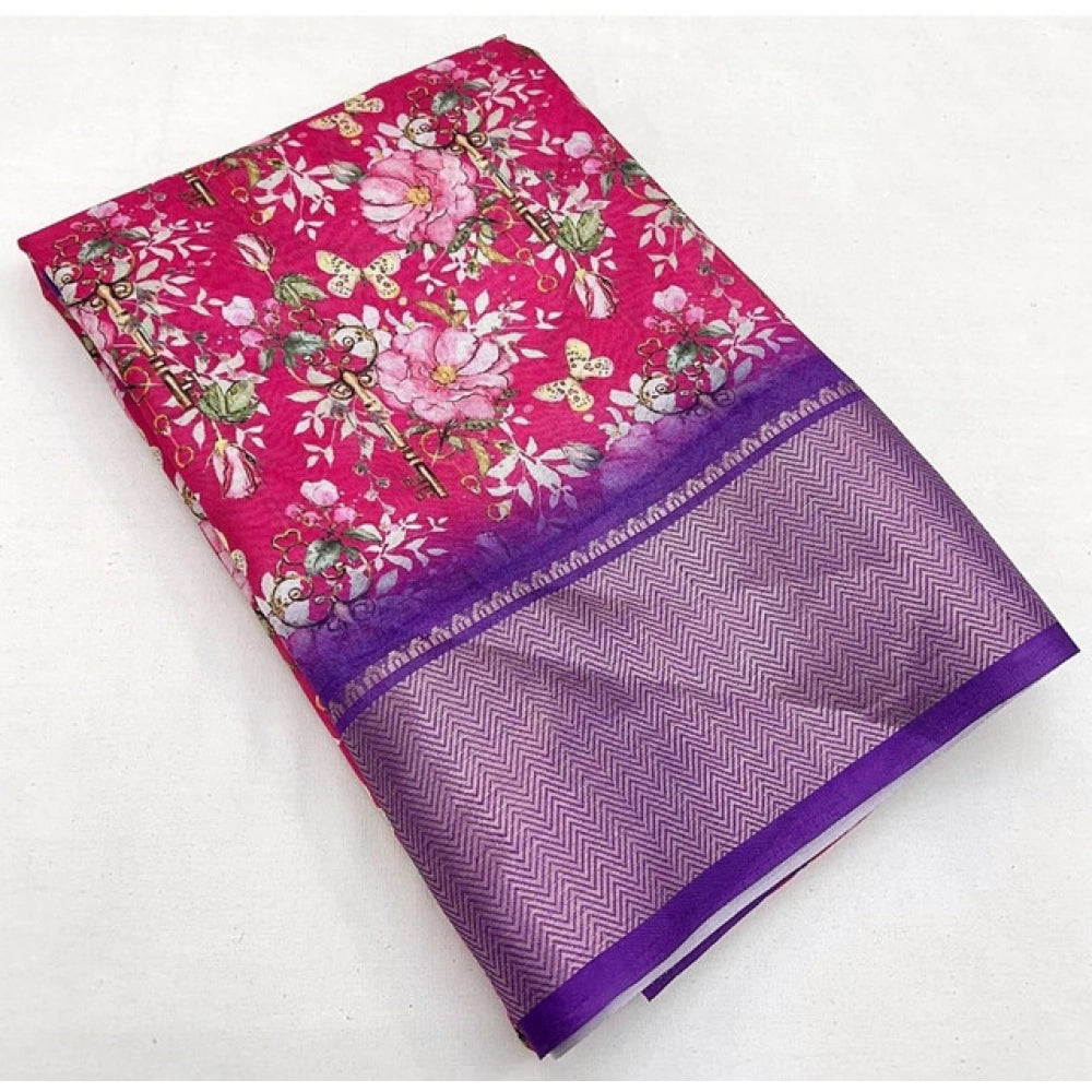 Floral Printed Saree With Unstitched Blouse 5.5Mtr (Pink)