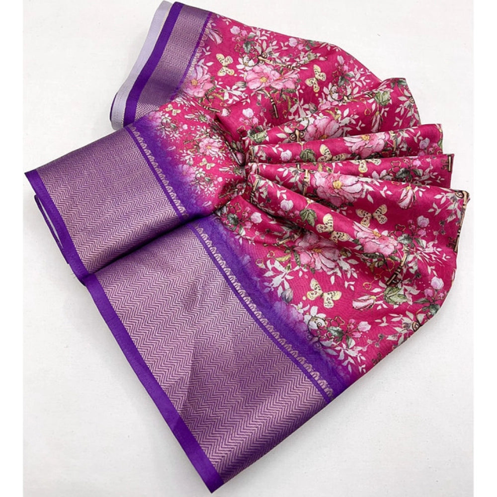 Floral Printed Saree With Unstitched Blouse 5.5Mtr (Pink)