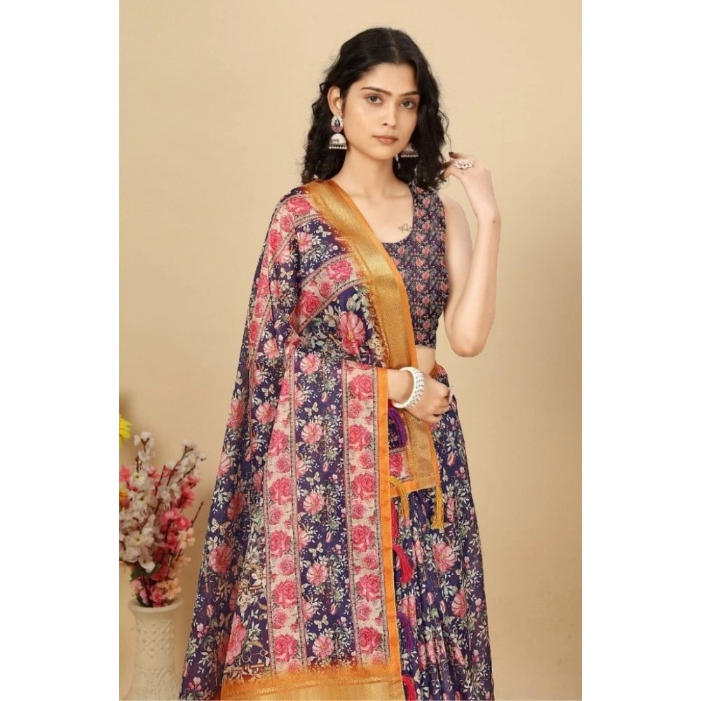Floral Printed Saree With Unstitched Blouse 5.5Mtr (Purple)