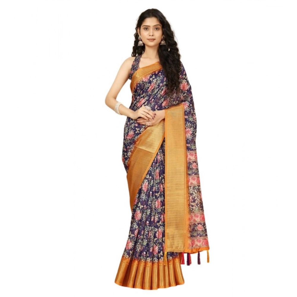 Floral Printed Saree With Unstitched Blouse 5.5Mtr (Purple)