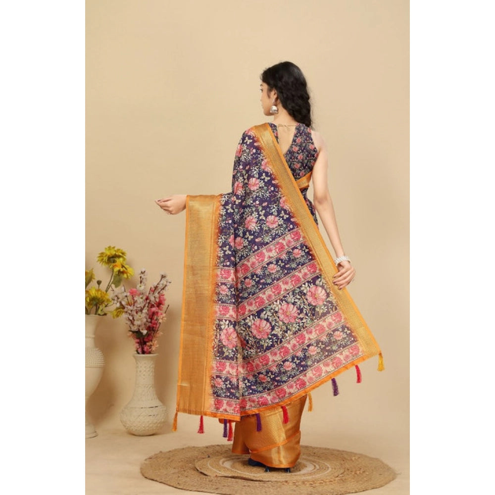 Floral Printed Saree With Unstitched Blouse 5.5Mtr (Purple)