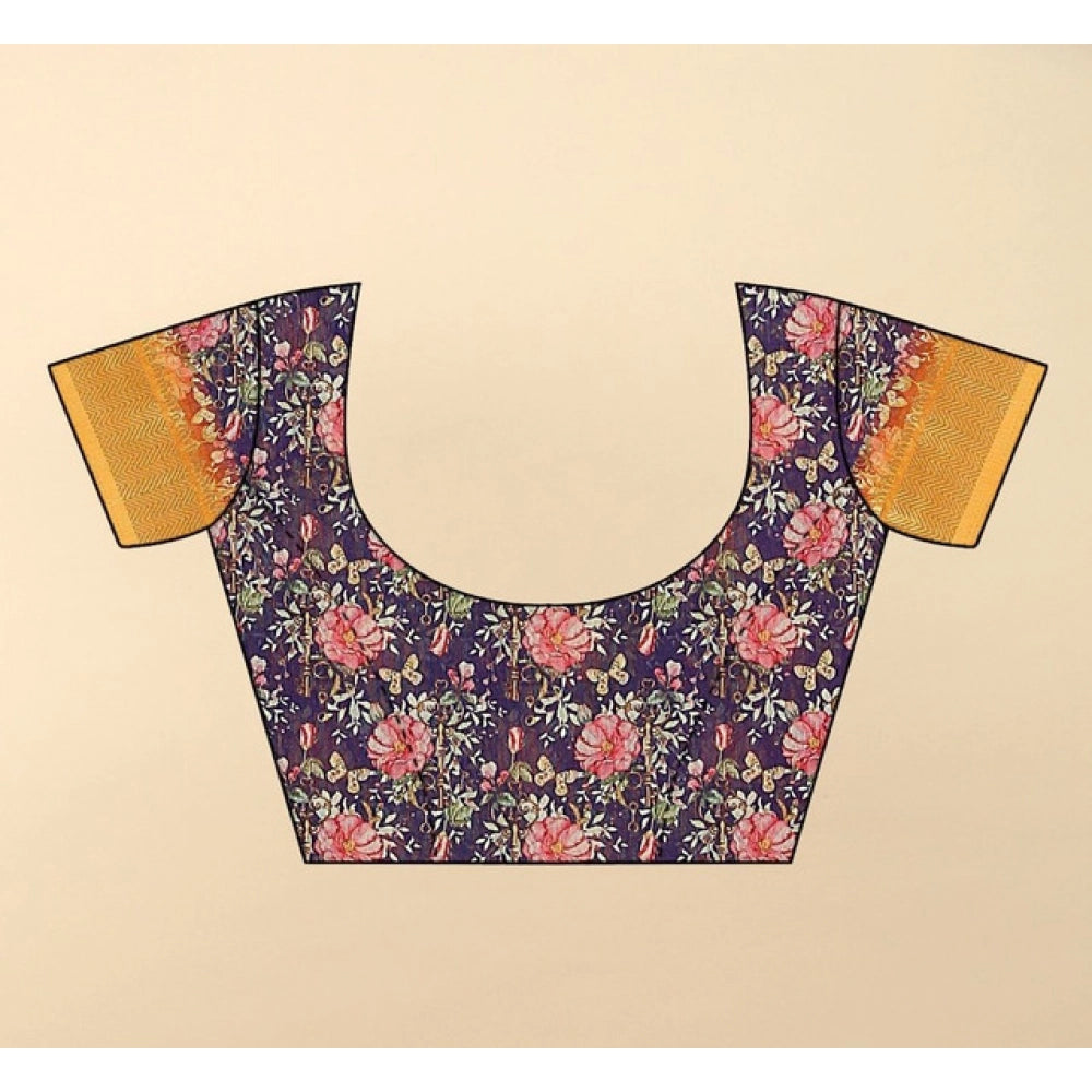 Floral Printed Saree With Unstitched Blouse 5.5Mtr (Purple)