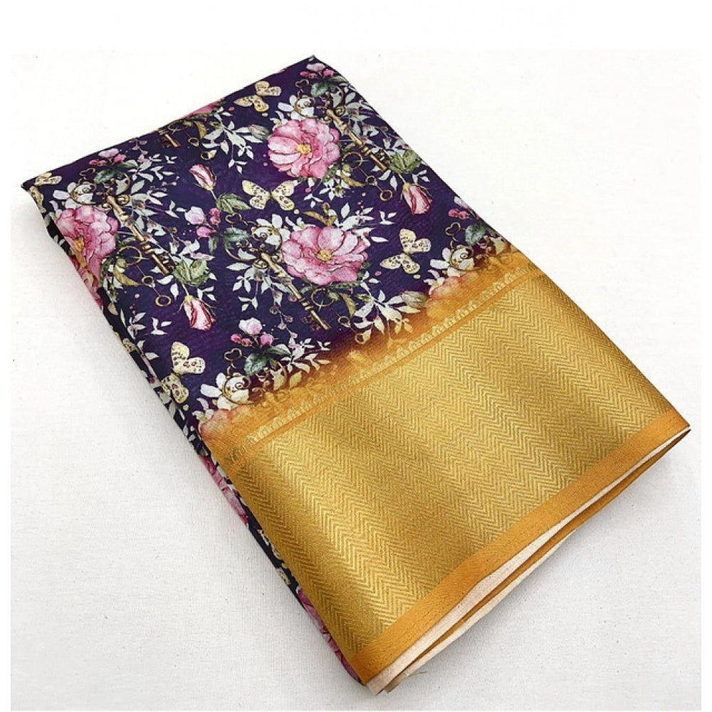 Floral Printed Saree With Unstitched Blouse 5.5Mtr (Purple)