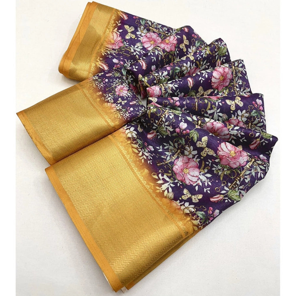 Floral Printed Saree With Unstitched Blouse 5.5Mtr (Purple)